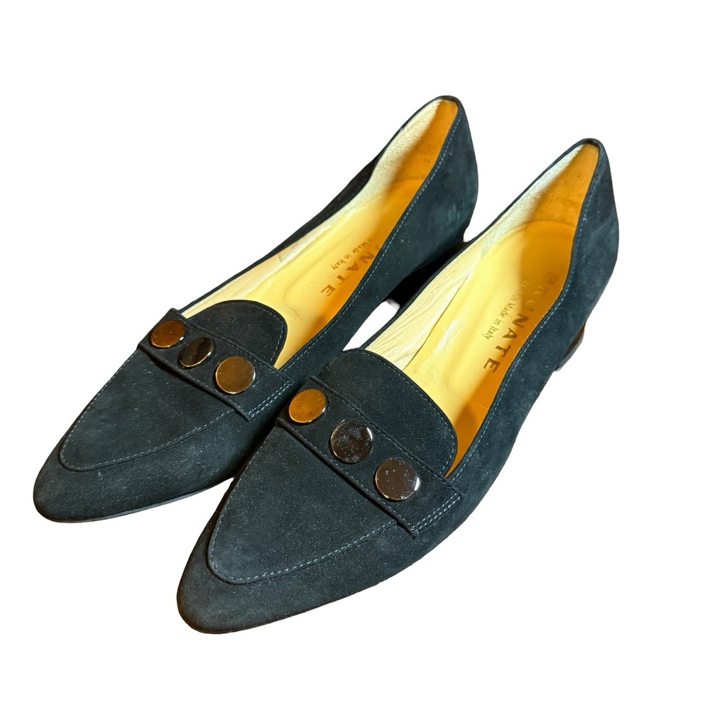 Brunate Italy Black Suede Studded Pointed Toe Block Heel Loafers 31891 Womens 8